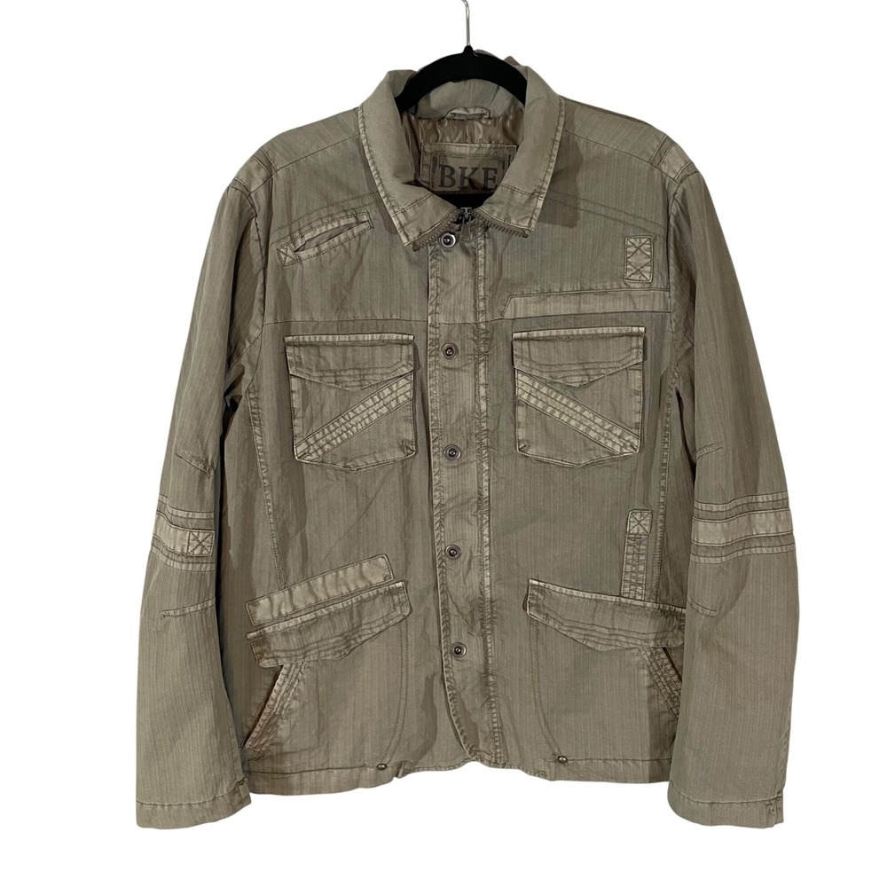 BKE Hudson Slim Fit Jacket Mens Large Olive Green Herringbone Cotton Utility New